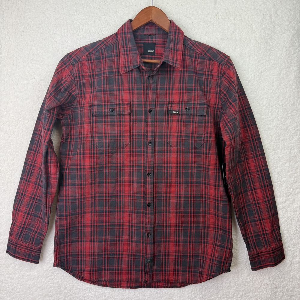 KR3W Shirt Mens XL Red Plaid Flannel Button Up Long Sleeve Cotton Pockets